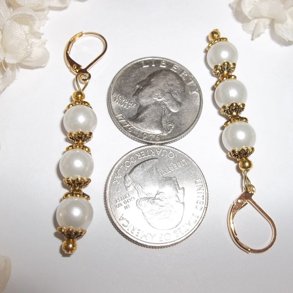 Earring, Pearl Earring, White and Gold Earring, White Earring, Earring Set 7899 - Picture 3 of 8